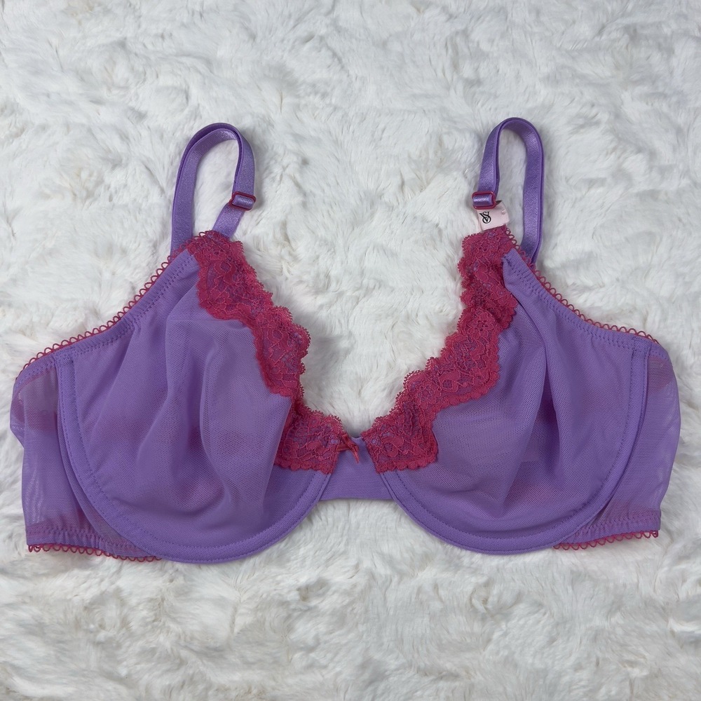 Victoria's Secret Tease Unlined Demi Bra 34B Mesh Purple Paradise w/Fuchsia Lace